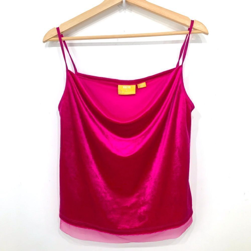 Anthropologie Maeve Vibrant Pink Velvet Tank Top with Semi Sheer Hemline